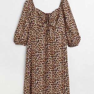 H&M Leopard Print Midi Dress XL Ruched Bust Puff Sleeves Sweetheart